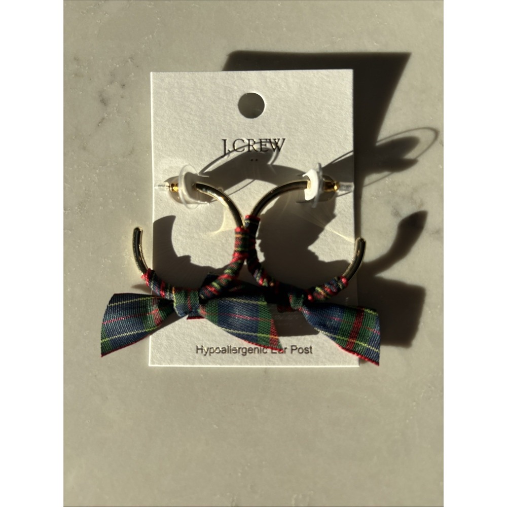 J.Crew Ribbon Wrapped Hoop Earrings Academic Green Multi Plaid Plated Brass NWT - Picture 2 of 3